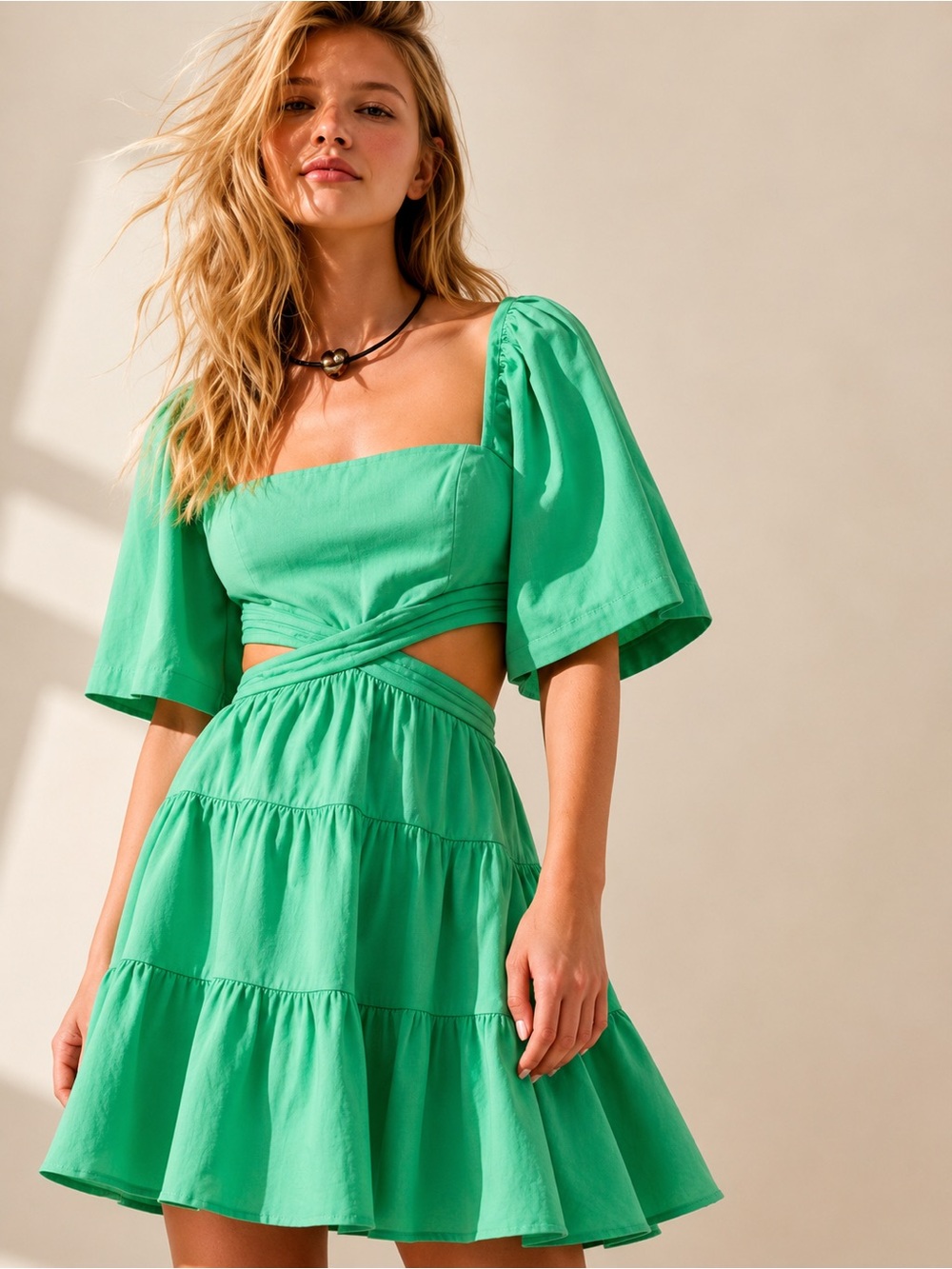 Free People Green Cutout Mini Dress Pockets Puff Sleeve Cotton Linen M EUC